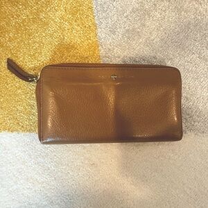 Tory Burch Tan brown camel Zip Around Wallet envelope coin slot long gold